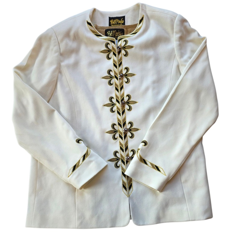 Bob Mackie  Wearable Art Women's Jacket Medium Cream Embroid‎ Black & Gold 1117